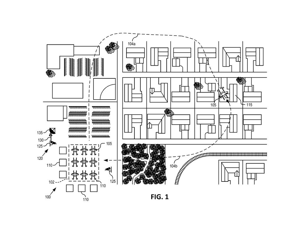 A drone flies over a neighborhood, with remote cameras monitoring its flight path and the operational area. Drawing from patent filing US 2026/0301591 A1.