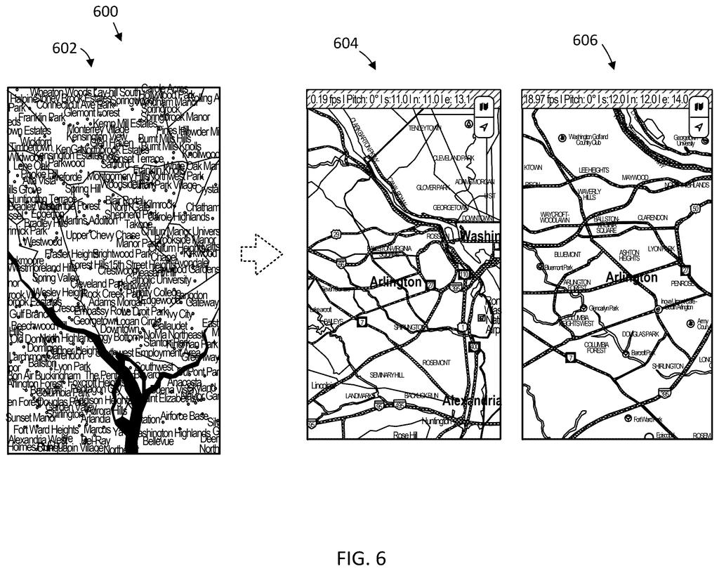 Map views of Washington D.C. and Arlington, Virginia, showing different levels of detail as the map zooms out. Drawing from patent filing US 2026/0301607 A1.