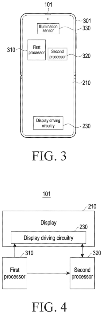 A smartphone's internal layout, showing the display, display driving circuitry, and two processors. Drawing from patent filing US 2026/0301627 A1.