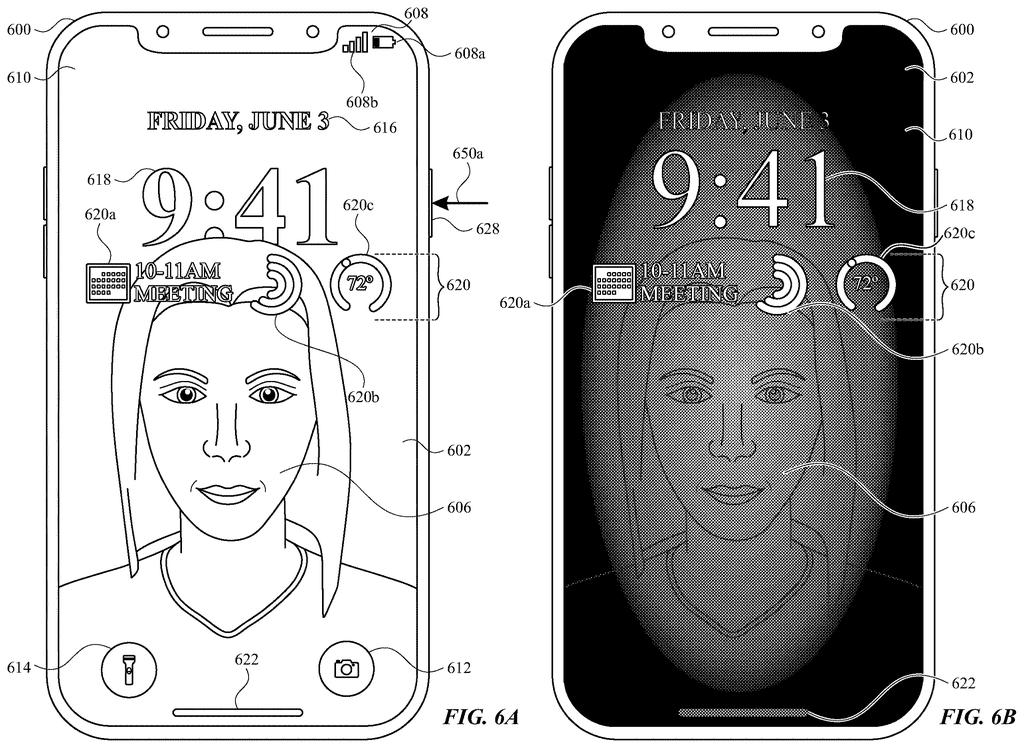 A smartphone display showing a person's face and information, with a visual effect of the display dimming. Drawing from patent filing US 2026/0301710 A1.