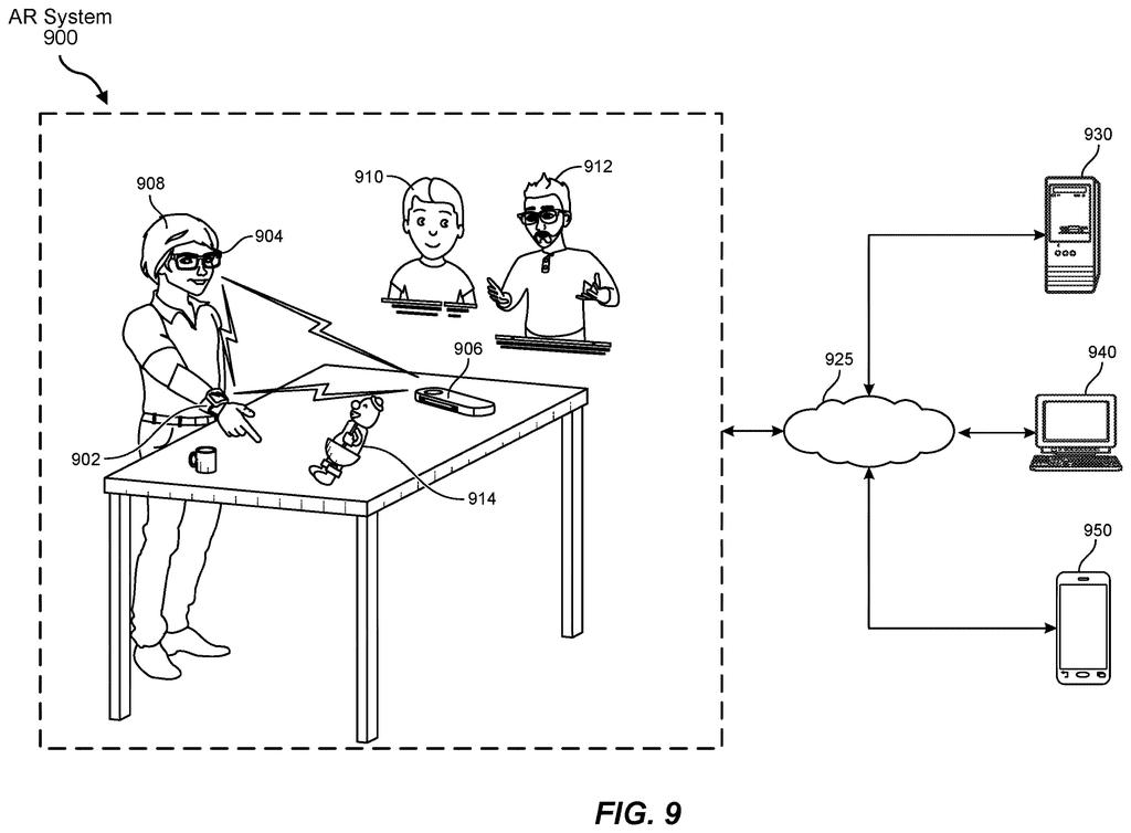 A person wearing an AR headset and wrist device interacts with virtual objects and other people in an augmented reality system. Drawing from patent filing US 2026/0301726 A1.