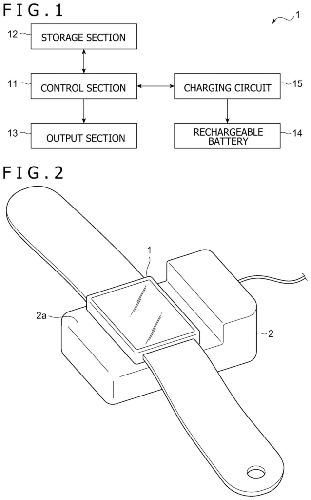 A smartwatch is shown connected to a charging dock, alongside a block diagram of the system that monitors its charging status. Drawing from patent filing US 2026/0302810 A1.