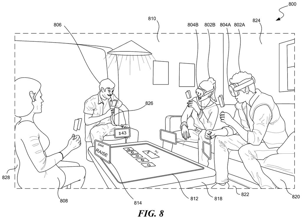 People in different physical locations interact with a shared virtual poker table and cards in an augmented reality environment. Drawing from patent filing US 2026/0303692 A1.