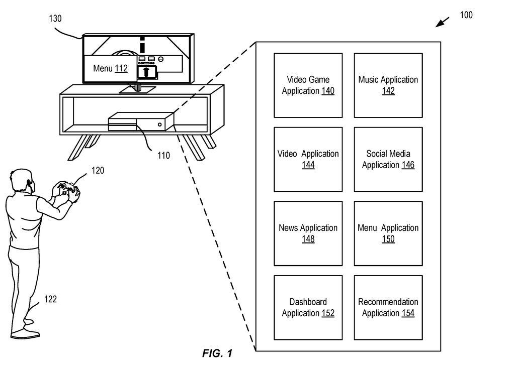 A person plays a video game on a console connected to a television, displaying an application menu. Drawing from patent filing US 2026/0303910 A1.