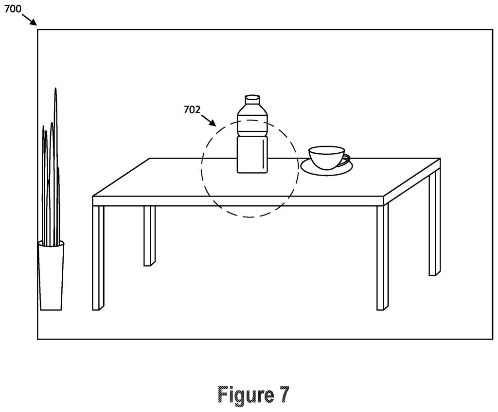 A displayed image with a dashed circle indicating a user-selected area around a bottle on a table. Drawing from patent filing US 2026/0303951 A1.