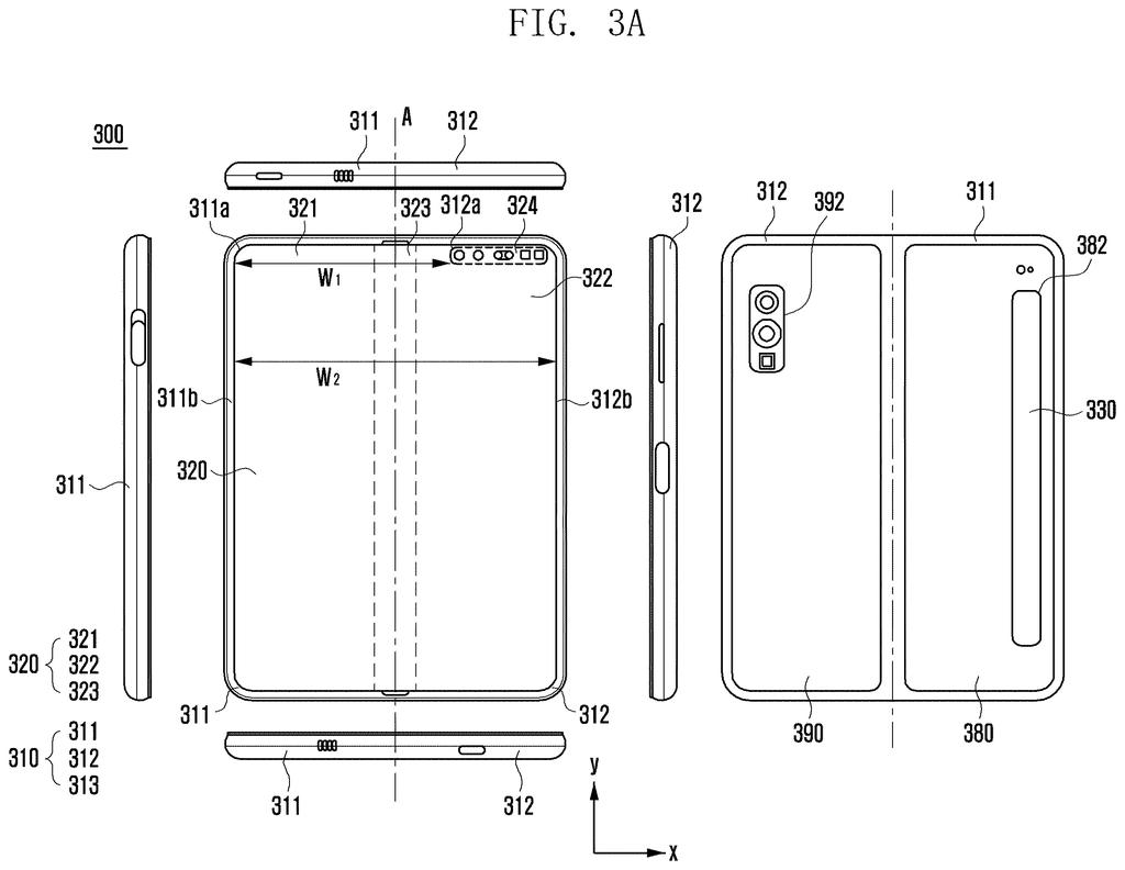A foldable phone is shown from multiple angles in its unfolded state, highlighting its hinge and display. Drawing from patent filing US 2026/0304041 A1.