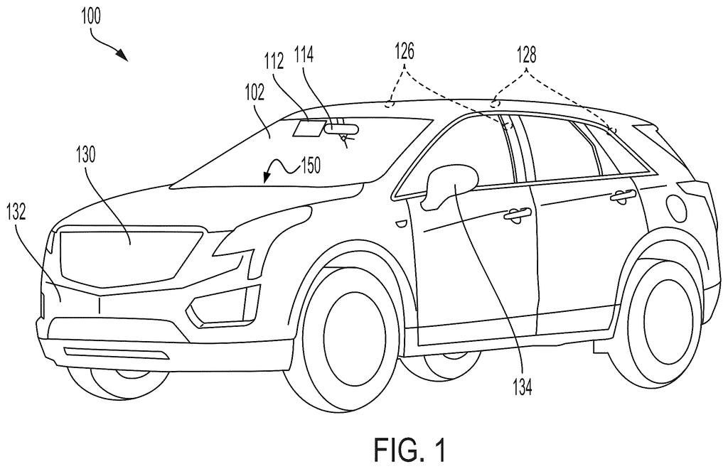 A car equipped with an advanced driver-assistance system (ADAS) and various sensors for environmental awareness. Drawing from patent filing US 2026/0304301 A1.