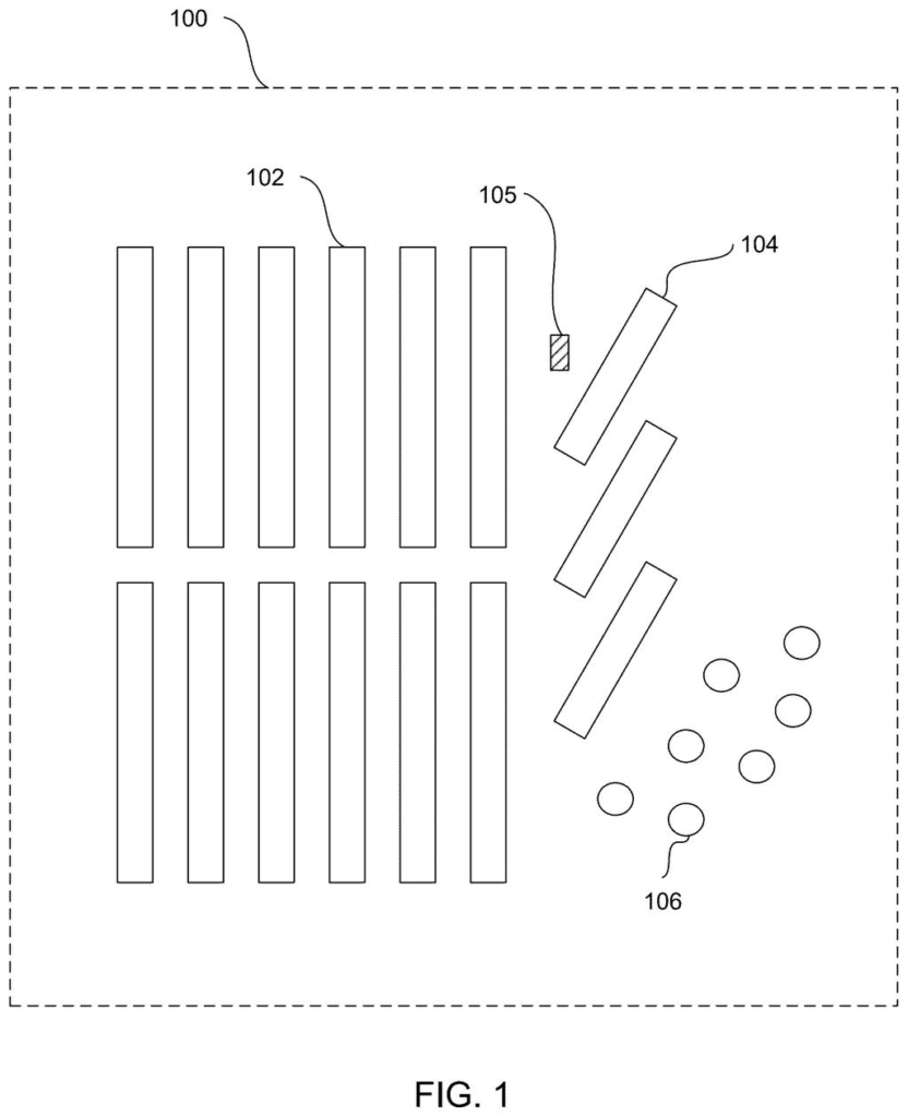 An indoor environment with shelves, walls, and potential user positions, illustrating how some positions are filtered out. Drawing from patent filing US 2026/0304377 A1.