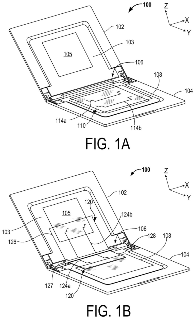 A laptop computer with a display and base, showing the location of signal-carrying members within its frame. Drawing from patent filing US 2026/0304596 A1.