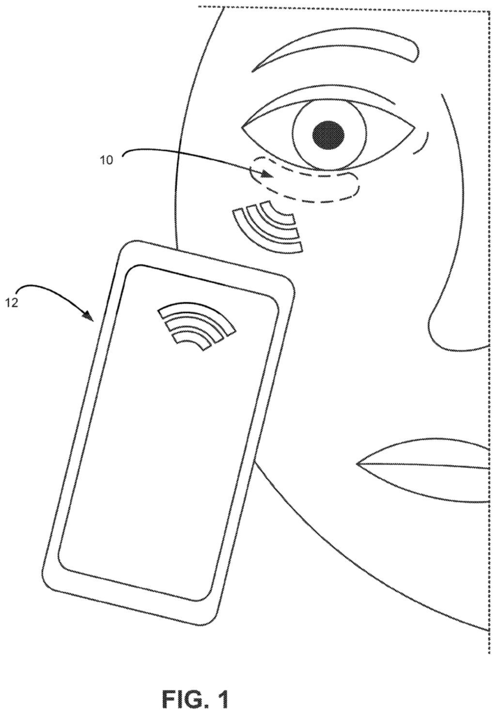 A sensor resting under the lower eyelid transmits blood sugar readings wirelessly to a smartphone. Drawing from patent filing US 2026/0305985 A1.
