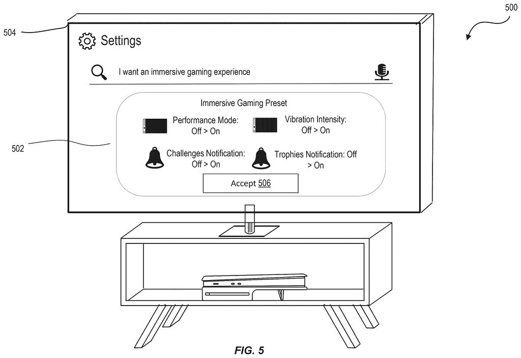 A game console screen suggests custom audio and display settings after a player asks for an immersive gaming experience. Drawing from patent filing US 2026/0306946 A1.