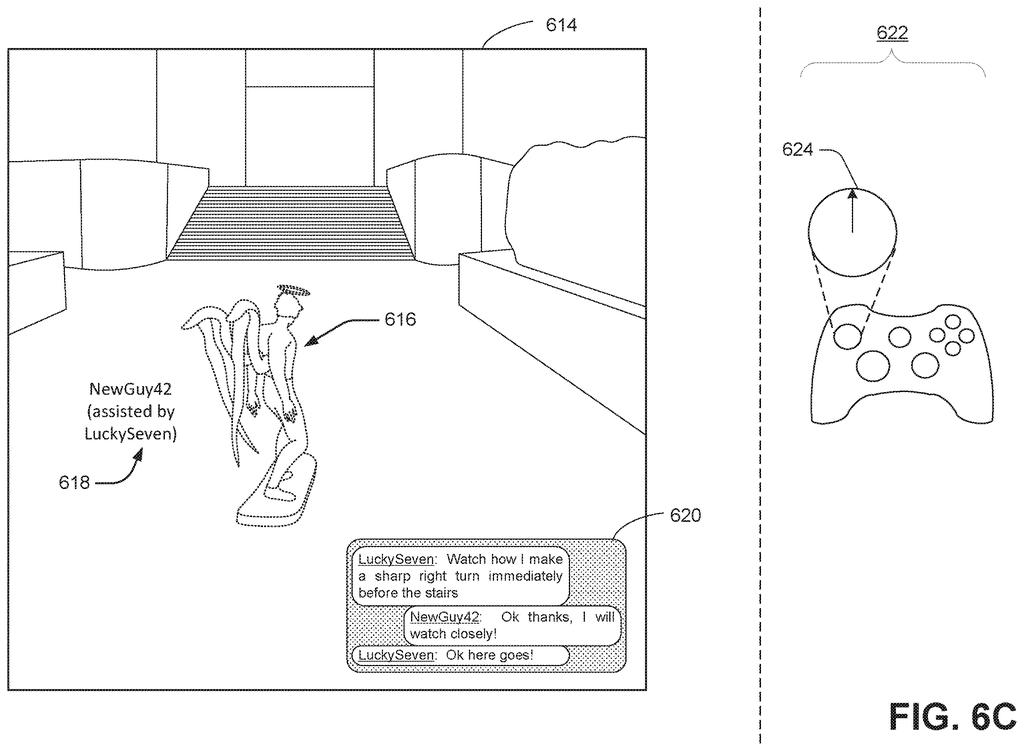 A video game character changes appearance to show that a remote helper has taken control of the player's controller to guide them. Drawing from patent filing US 2026/0306949 A1.