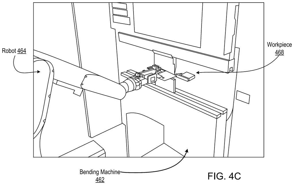 A robotic arm positions a metal part inside a shaping press on a factory floor. Drawing from patent filing US 2026/0307249 A1.
