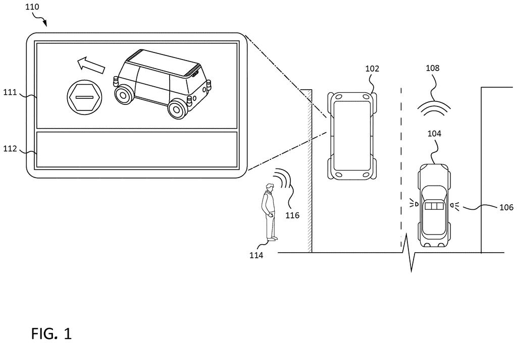 An autonomous vehicle pulls over after hearing an emergency siren and shows instructions on its passenger screen. Drawing from patent filing US 2026/0307483 A1.