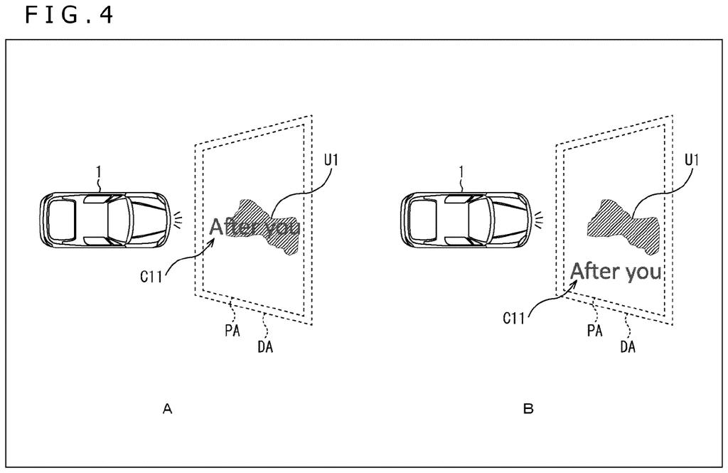 A car shifts a projected message onto dry pavement to steer clear of a puddle on the road. Drawing from patent filing US 2026/0307583 A1.