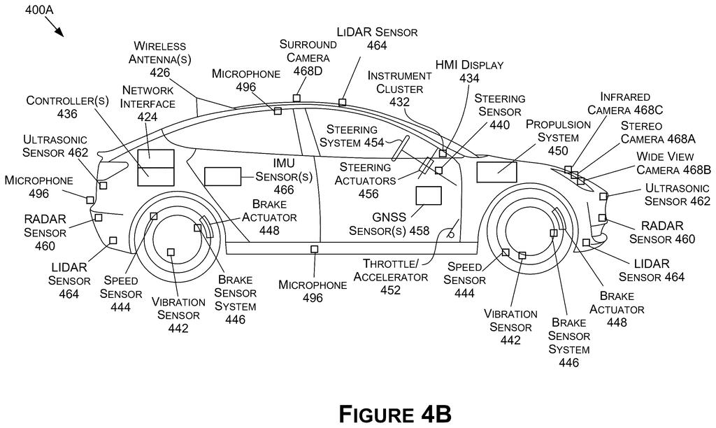 An autonomous car equipped with external sensors, steering controls, and on-board computers that plan safe paths forward. Drawing from patent filing US 2026/0307676 A1.