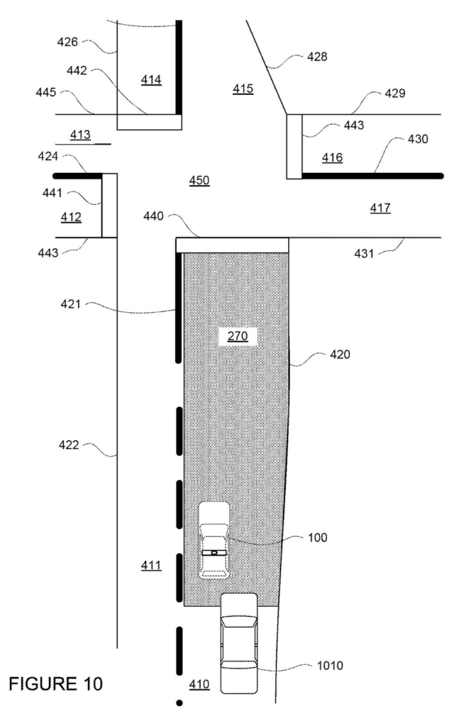 An autonomous car pulls to the curb within an extra-wide lane so trailing traffic can squeeze past before the corner. Drawing from patent filing US 2026/0307681 A1.