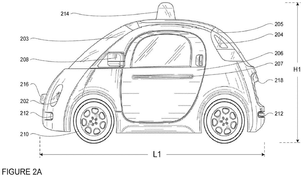 Side profile of an autonomous vehicle equipped with rooftop sensors to scan surrounding traffic. Drawing from patent filing US 2026/0307683 A1.