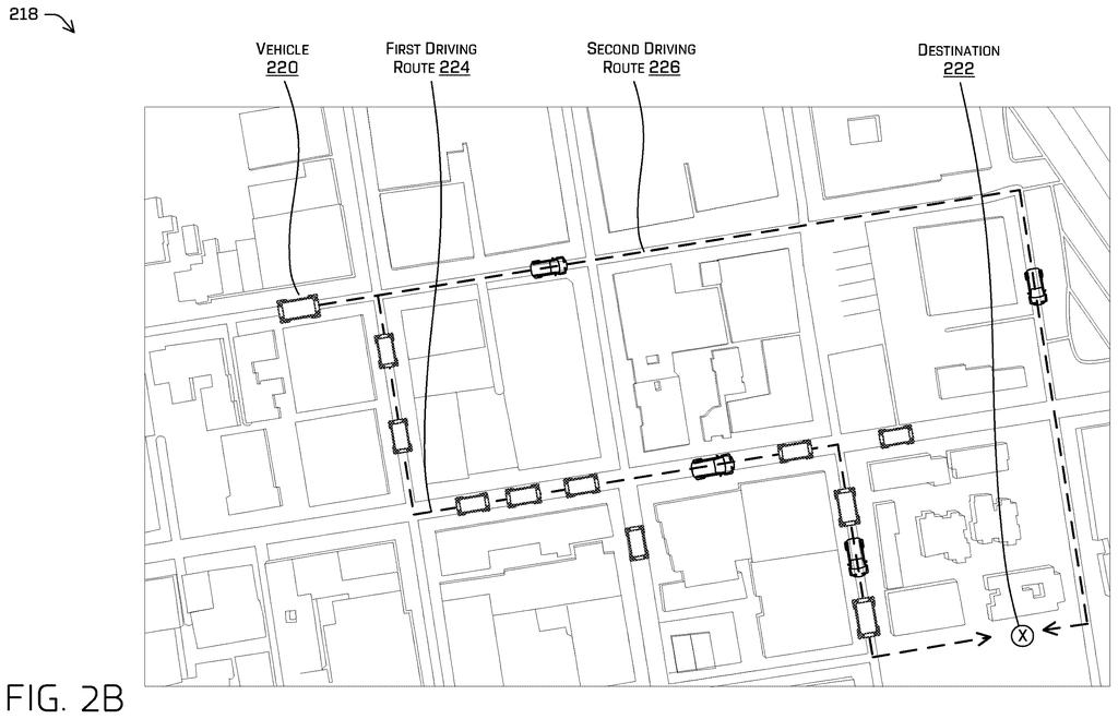 A self-driving taxi takes a less crowded side street to avoid a bottleneck where other cars are backed up. Drawing from patent filing US 2026/0309505 A1.