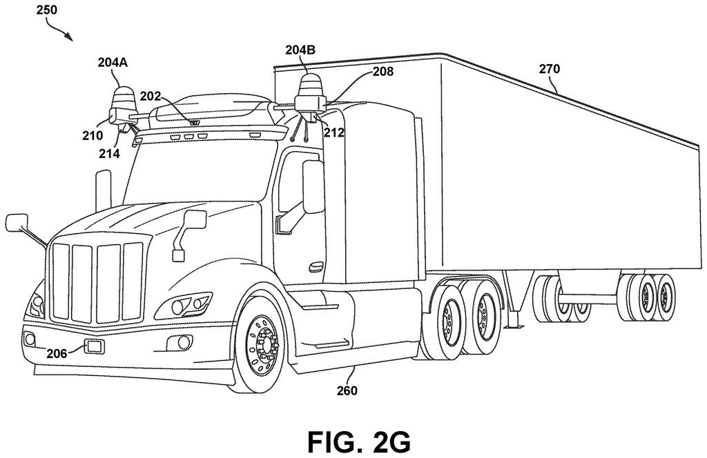 A driverless semi-truck with roof and side-mounted sensors that track surrounding traffic to steer safely. Drawing from patent filing US 2026/0309857 A1.