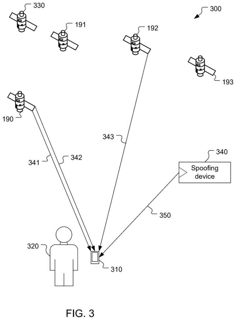 A smartphone user receiving signals from navigation satellites alongside a fake transmission sent by a nearby device. Drawing from patent filing US 2026/0309872 A1.