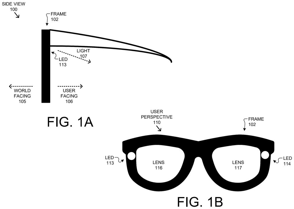 Smart glasses with small lights embedded in the frame to flash alerts directly toward the wearer's eyes. Drawing from patent filing US 2026/0309984 A1.