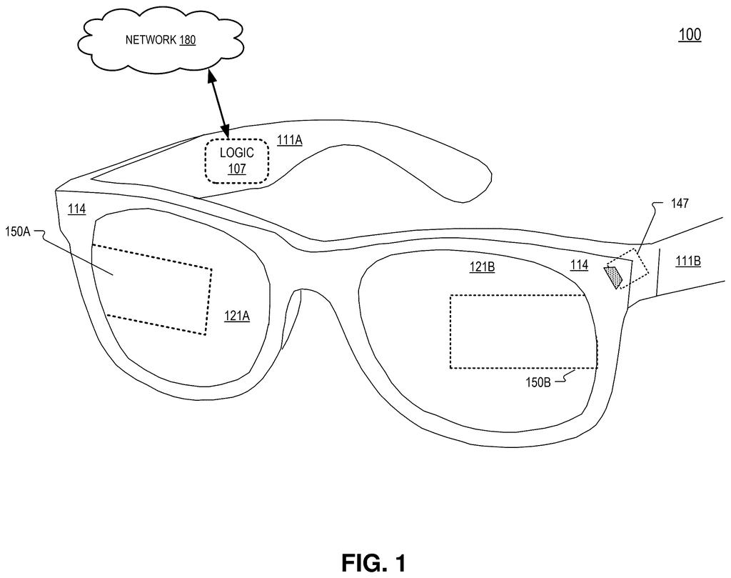 Smart glasses with transparent lenses display virtual images directly into the wearer's line of sight. Drawing from patent filing US 2026/0309985 A1.