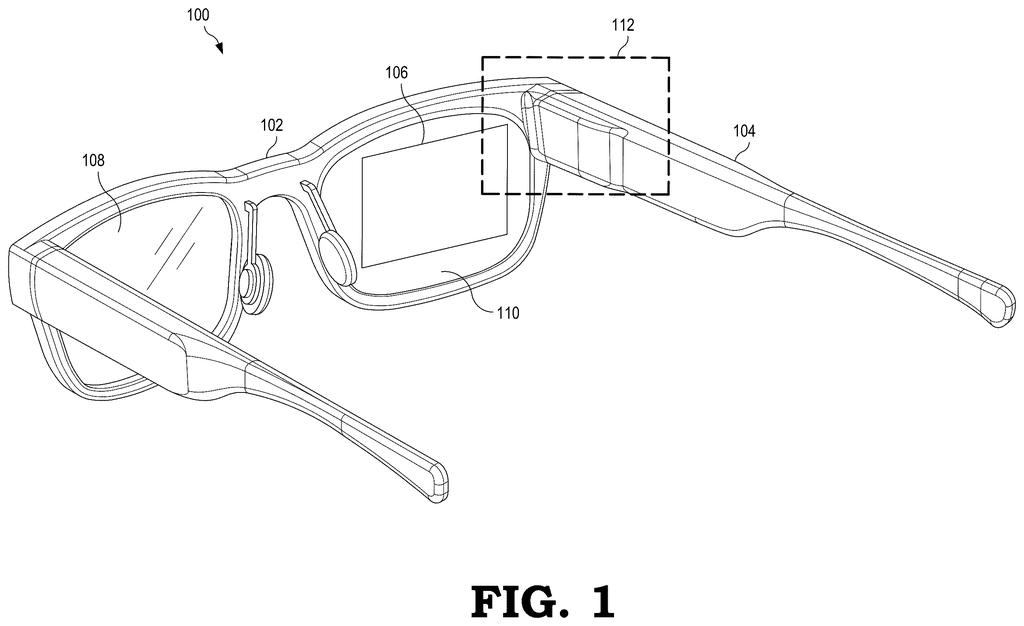 Smart glasses that project digital imagery onto a designated display area inside the lens. Drawing from patent filing US 2026/0309999 A1.
