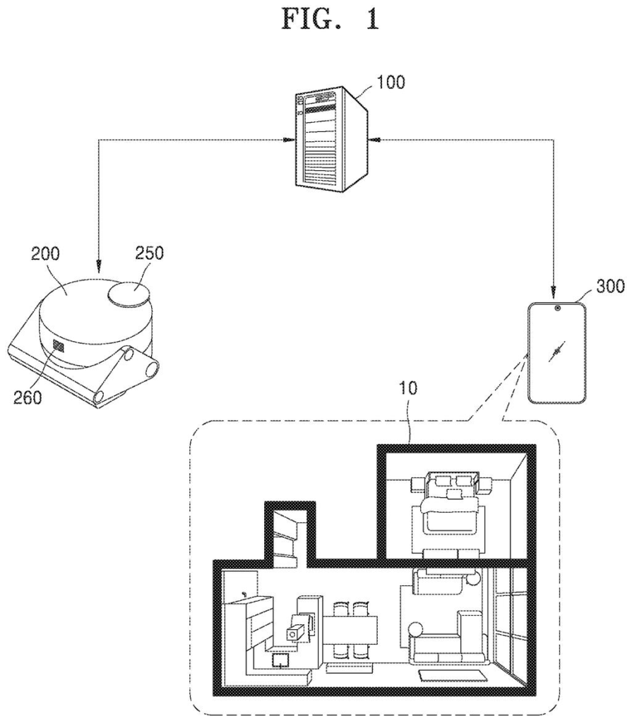 A robot vacuum and server working with a smartphone to build and display a detailed floor plan of a home. Drawing from patent filing US 2026/0310206 A1.