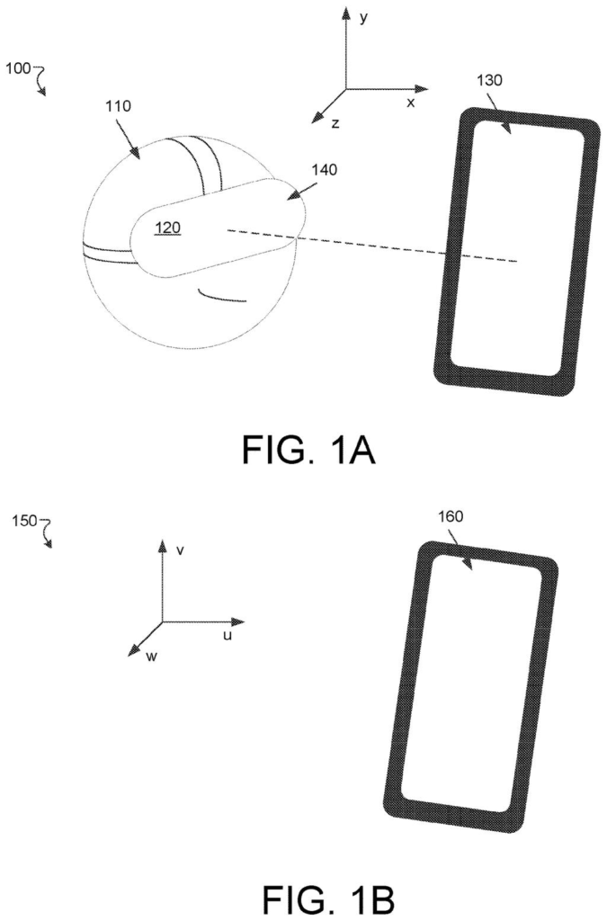 A headset tracks a phone so the wearer can see and use it without taking the glasses off. Drawing from patent filing US 2026/0310282 A1.
