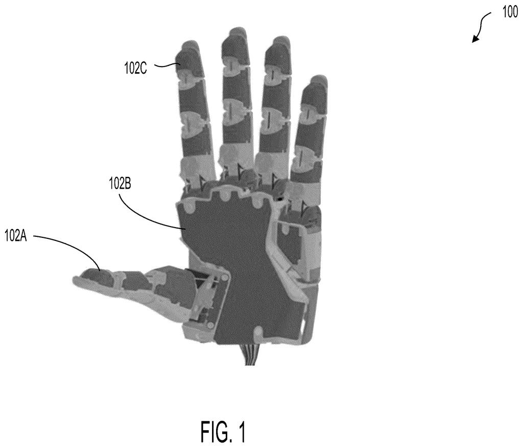 A robotic hand covered with touch-sensitive pads across the palm and fingers to help machines grip and feel objects. Drawing from patent filing US 2026/0310299 A1.