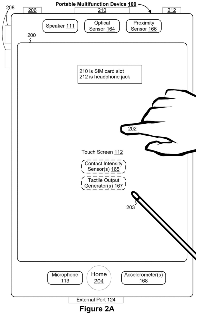 A touchscreen smartphone detecting contact from a user's finger or a stylus. Drawing from patent filing US 2026/0310305 A1.