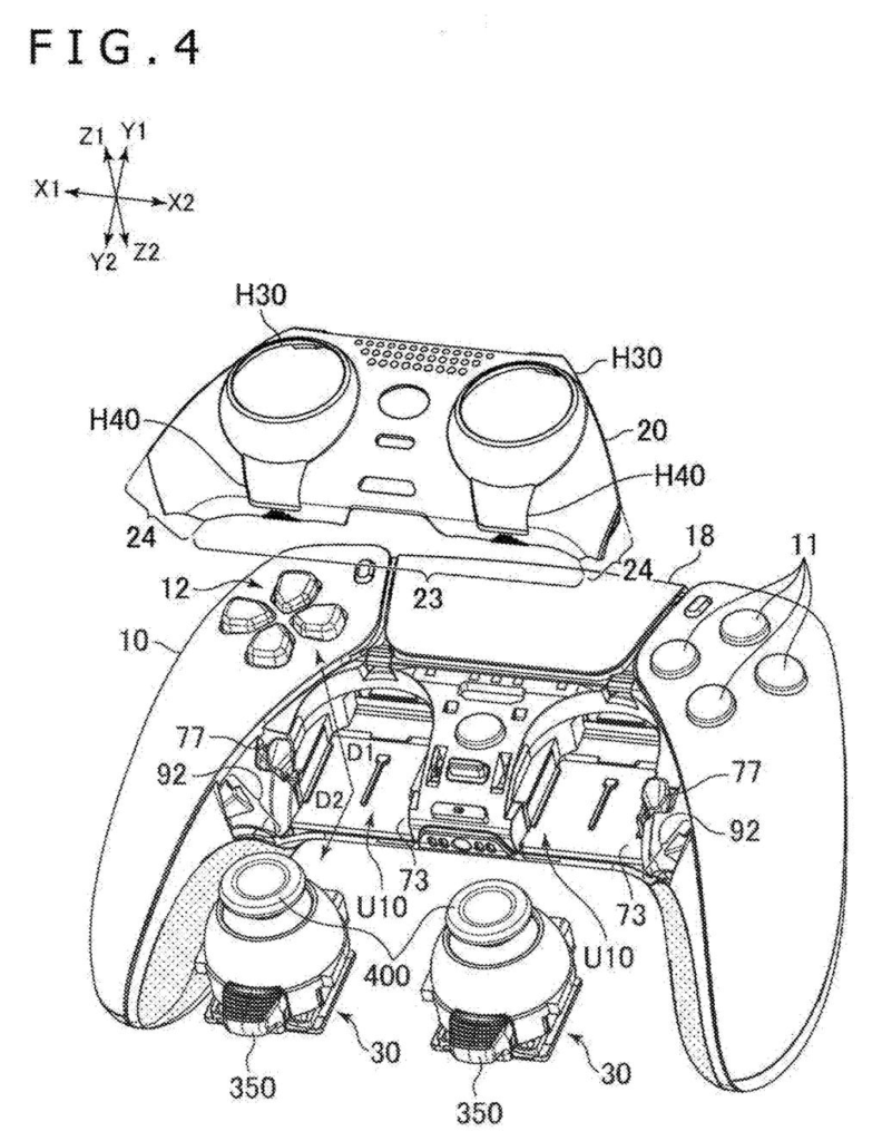A game controller with its front faceplate removed reveals modular joystick units that can be pulled out and swapped. Drawing from patent filing US 2026/0310309 A1.
