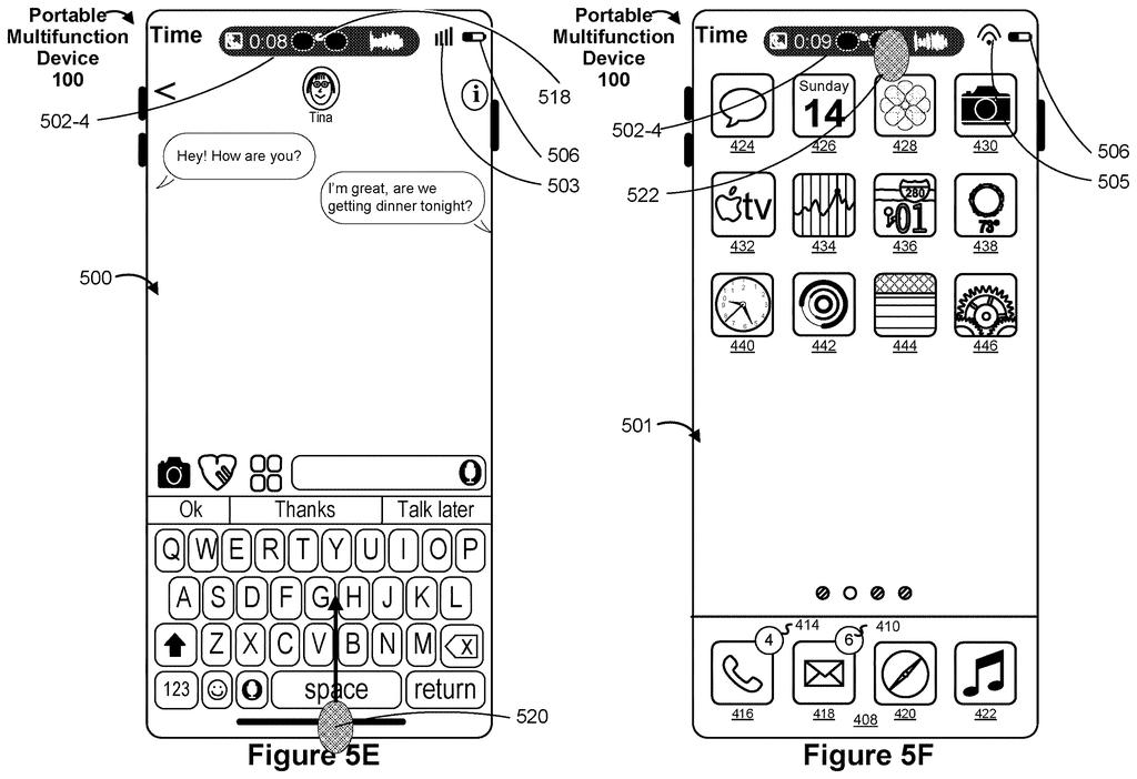 A phone screen displays an audio waveform and activity timer directly inside the camera cutout area at the top of the display. Drawing from patent filing US 2026/0310328 A1.