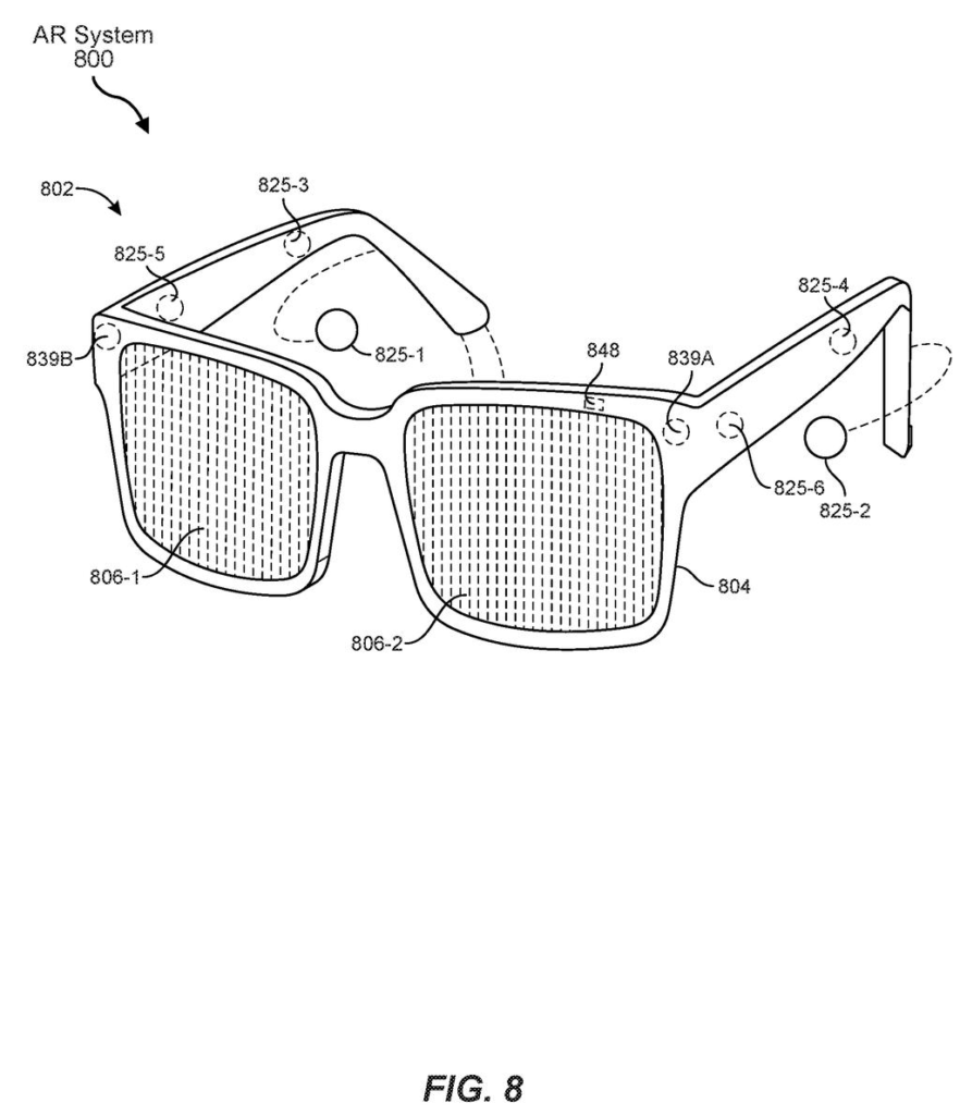 Smart glasses with multiple built in microphones around the frame to capture clear sound from different directions. Drawing from patent filing US 2026/0310401 A1.