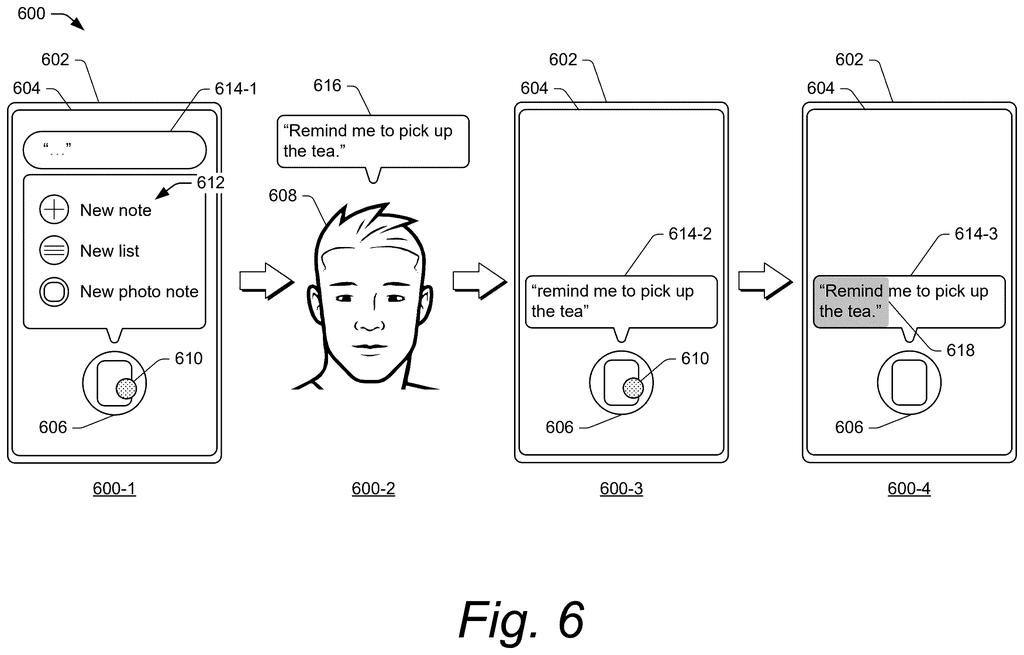 A smartphone interface letting someone hold down an app icon and speak a command directly into it. Drawing from patent filing US 2026/0310403 A1.