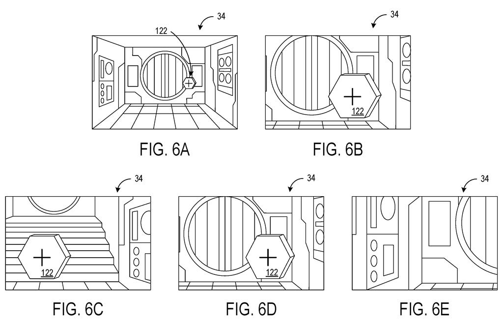 Sequential game scenes show an automated tester spotting a health pack and moving closer to check how the game reacts. Drawing from patent filing US 2026/0310593 A1.