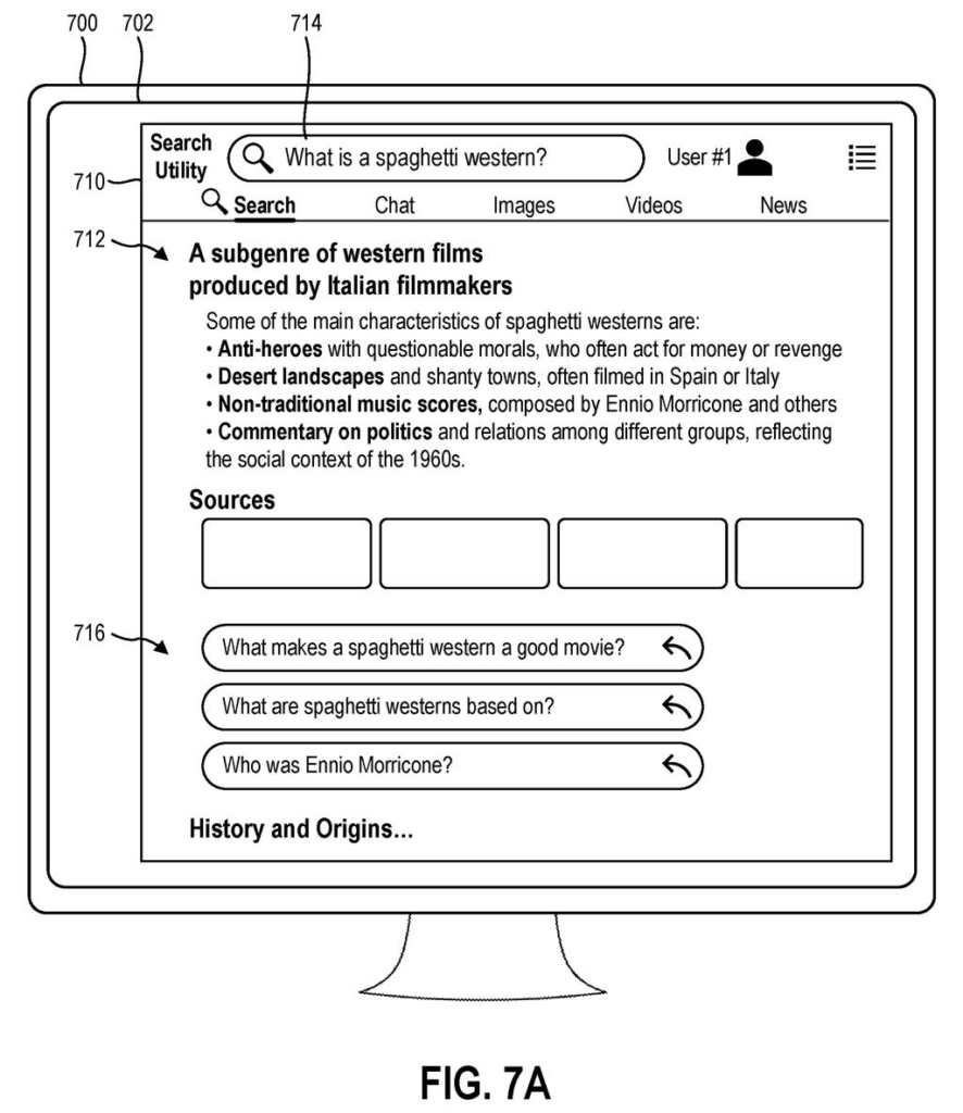 A computer screen shows search results about film history alongside follow-up questions suggested by artificial intelligence. Drawing from patent filing US 2026/0310694 A1.