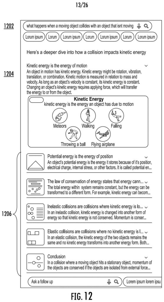 A phone screen displaying an in-depth search response that breaks down a complex physics question into distinct topics and visual guides. Drawing from patent filing US 2026/0310701 A1.