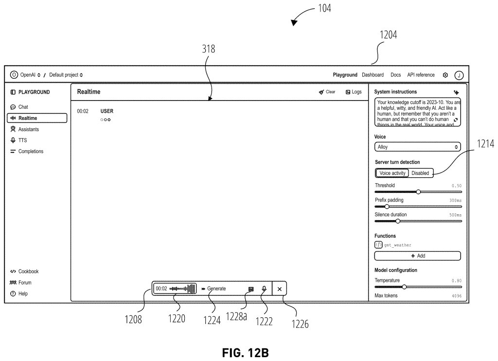 OpenAI patent drawing, FIG. 12B: Realtime playground screen with turn detection settings and a control bar to generate, mute or stop