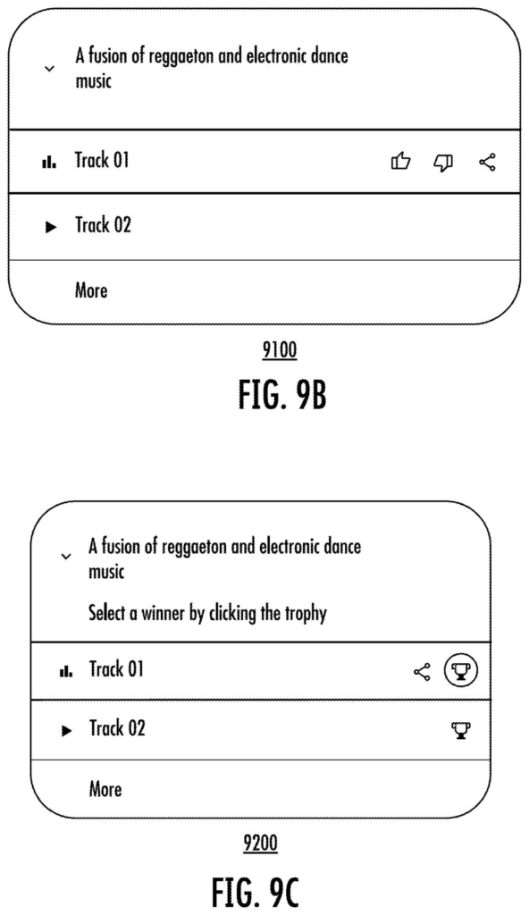 Smartphone screens where listeners rate generated music tracks with thumbs up, thumbs down, or trophy icons to train AI models. Drawing from patent filing US 2026/0310983 A1.