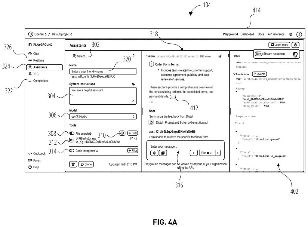 An interactive workspace screen where users configure a custom chatbot on the left and test its answers in a chat window on the right. Drawing from patent filing US 2026/0310989 A1.
