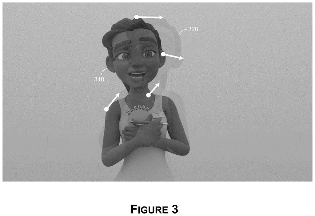 An animated character moves between video frames as arrows track movement across her body to clean up grainy pictures. Drawing from patent filing US 2026/0311301 A1.