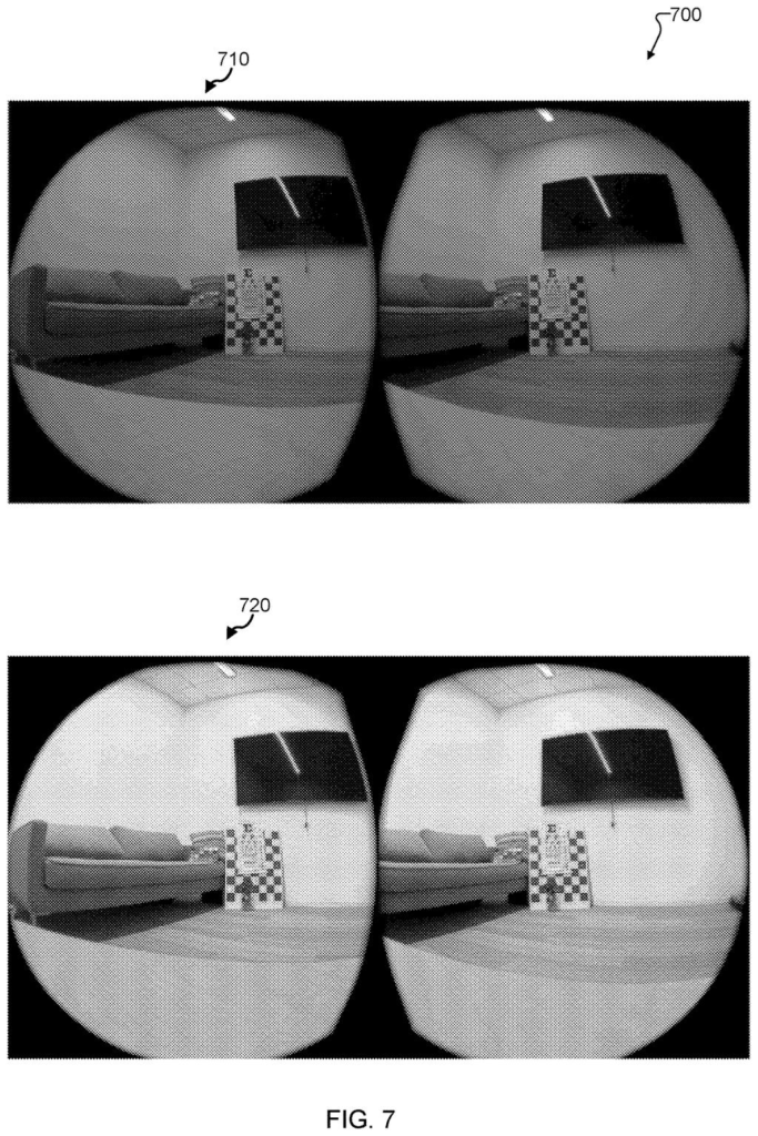 Headset display views showing a dark room before auto-correction and the brighter, clearer view produced by the enhancement software. Drawing from patent filing US 2026/0311302 A1.