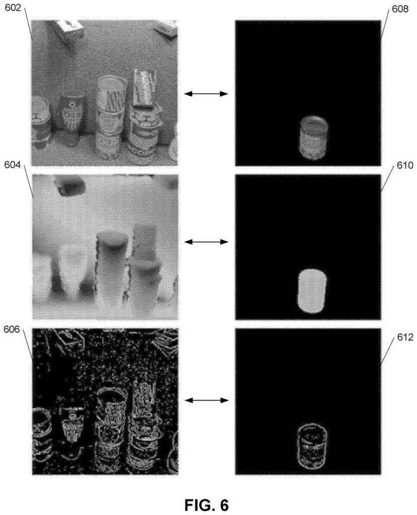Camera views of stacked cans paired with digitally rendered models that adjust until both match up. Drawing from patent filing US 2026/0311365 A1.