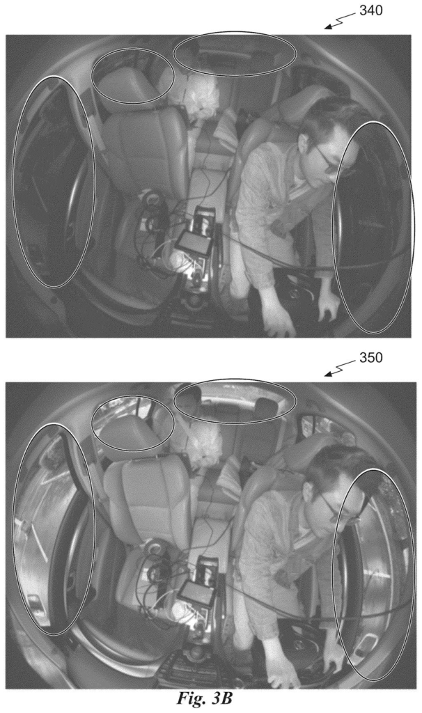 In-cabin camera views demonstrating enhanced night-vision visibility of the car interior and surrounding windows. Drawing from patent filing US 2026/0311373 A1.