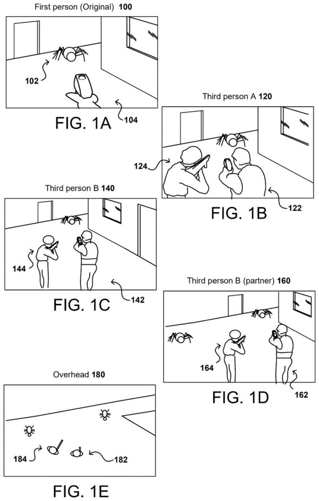 Different camera angles generated from an original first-person video game scene, including third-person and top-down views. Drawing from patent filing US 2026/0311378 A1.