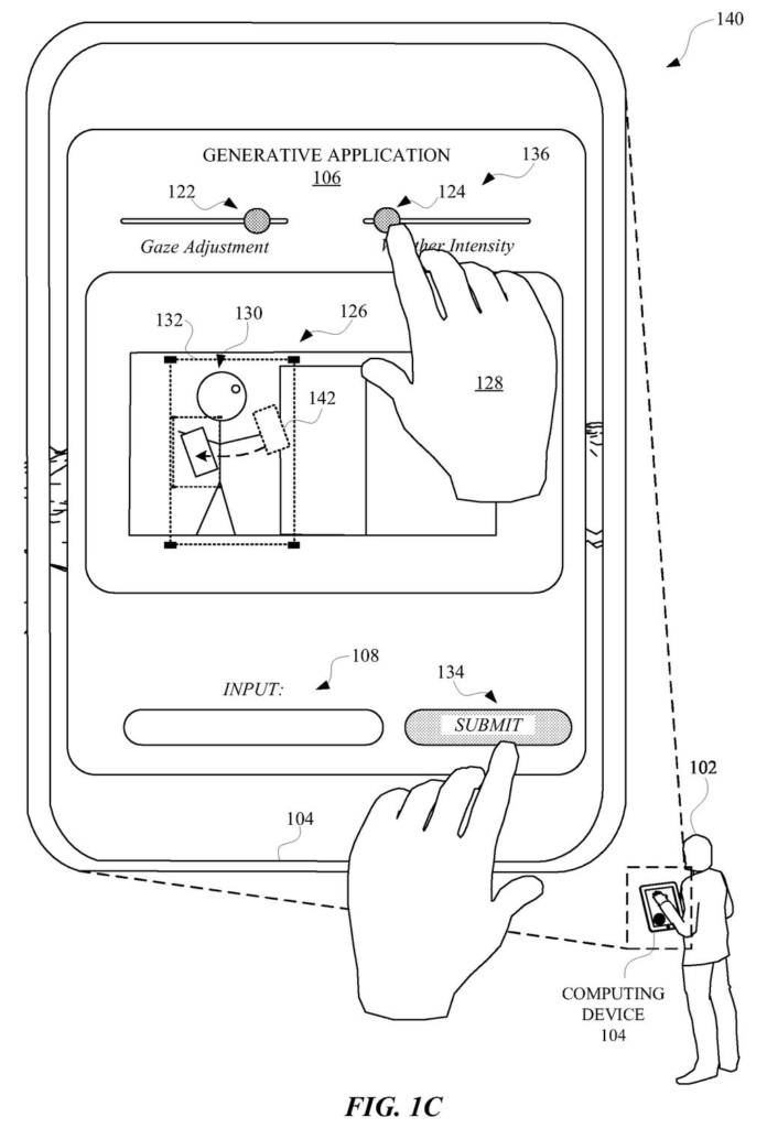A touchscreen app where someone repositions elements in a quick stick-figure sketch and adjusts sliders before generating a complete image. Drawing from patent filing US 2026/0311404 A1.
