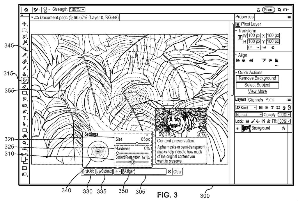 A photo editing interface with an AI brush tool and slider controls for choosing how much original detail to keep. Drawing from patent filing US 2026/0311406 A1.
