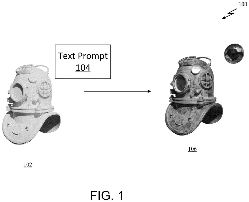 A blank digital diving helmet receives realistic surface details and reflections based on a written description. Drawing from patent filing US 2026/0311422 A1.